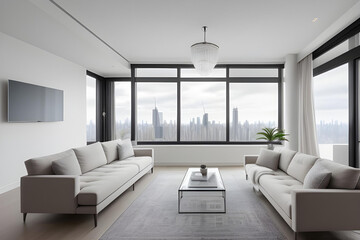 a modern penthouse living room with large windows