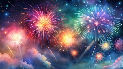 Fototapeta premium Colorful Fireworks Display in Night Sky with Clouds and Stars