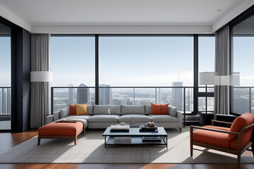 a modern penthouse living room with large windows