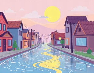 cartoon illustration of a narrow street with houses and a river.