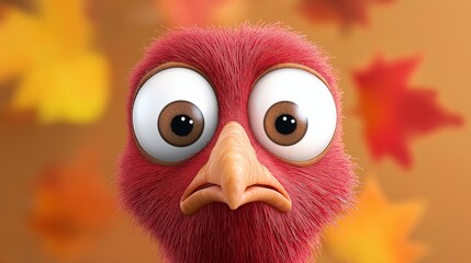 A cartoon turkey with a sad expression. The turkey is looking at the camera with its eyes wide open. The background features autumn leaves, which add a warm and cozy atmosphere to the image