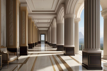 luxury hotel with pillars and furniture