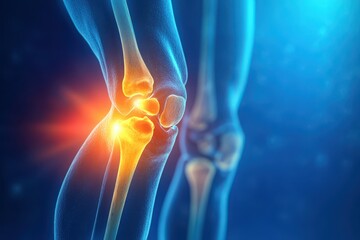 Illustration of knee joint pain on blue background, medical concept in high-resolution photo