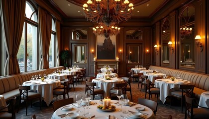 A restaurant with a luxurious and classic style, Tables and chairs and booths in vacant restaurant, In a restaurant setting, a luxurious dinner meet immerses viewers in the cozy ambiance of a bustling