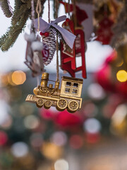 Beautiful festive decorations on the Christmas tree. Close-up. Beautiful Christmas background. The...