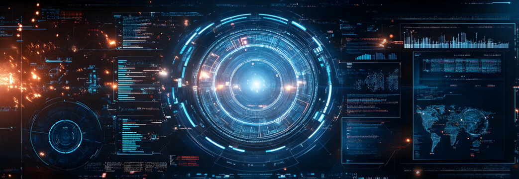 HUD military ui futuristic user interface.3d explose global world with target shoot.  blue holograms of circular diagram, technology and war gaming. illustration