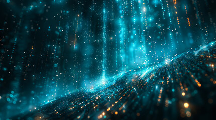 A bright and colorful cityscape with a lot of lights and a lot of movement. The lights are scattered all over the scene, creating a sense of energy and excitement. The colors are vibrant and bold.