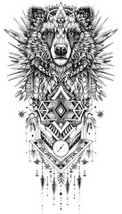 Tribal Bears and beehives Tattoo black and white illustration