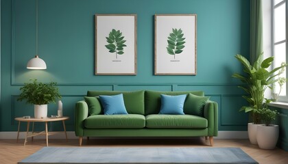 Interior mockup In a white room a blue sofa is placed next to a photo frame on the wall