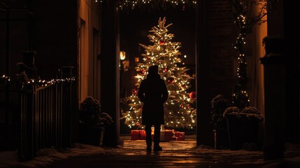 Silhouette of a Person Standing Before a Christmas Tree
