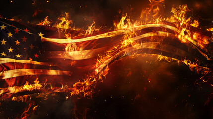 Close-up of a burning American flag waving on a dark background. Independence day concept, holiday.