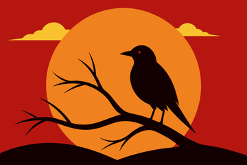 One bird perching on the branch in the beautiful sunset silhouette vector illustration