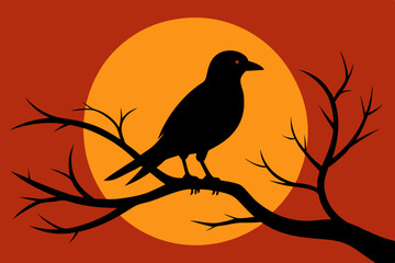 Fototapeta premium One bird perching on the branch in the beautiful sunset silhouette vector illustration