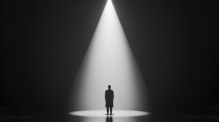 A young man in silhouette in a spotlight

