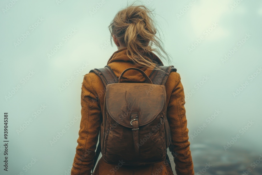 Wall mural Blond woman with backpack looking out over a foggy landscape, travel concept, copy space