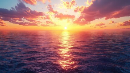 Obraz premium A breathtaking sunset over the ocean, with vibrant colors reflecting on calm water under a cloudy sky