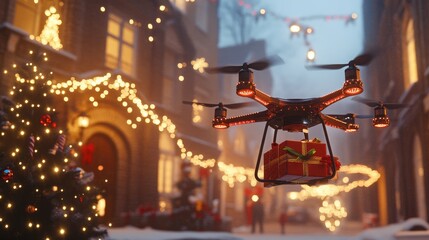 Drone Delivering Christmas Gift in a Snowy Town