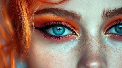 Fototapeta premium A close-up of a beautiful white girl with vibrant eye makeup, her eyes framed by bold colors and her expression confident and stylish.