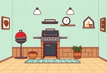 cartoon illustration of a kitchen with a grill and a potted plant.
