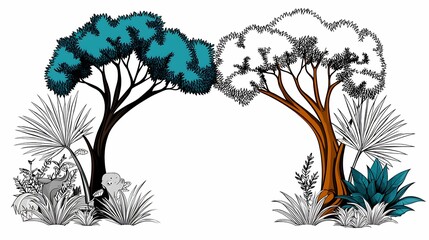 Enchanted Forest Coloring Page with Wildlife and Flora for DIY Creative Coloring Activity | Isolated on White Background with Copy Space