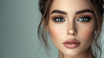 Fototapeta premium A close-up portrait of a woman with glamour makeup, her eyes highlighted and lips bold, posing with confidence in a sleek,