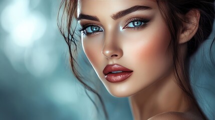 Fototapeta premium A close-up portrait of a woman with glamour makeup, her eyes highlighted and lips bold, posing with confidence in a sleek,