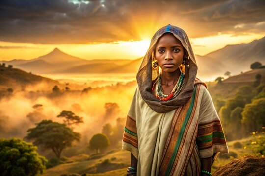 Ethnic Oromo tribeswoman wrapped in vibrant traditional attire amidst Ethiopian highlands' misty sunrise, warm golden light, soft focus, earthy tones, and subtle grain texture.