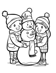 Naklejka premium A Family Building a Snowman Together. Christmas Snowman Coloring Page