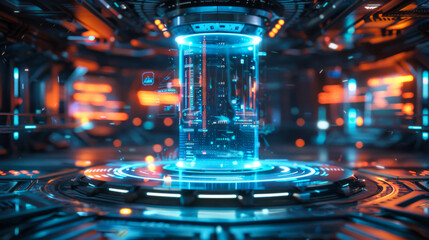 Futuristic room with a glowing blue object in the center. The room is filled with neon light and a blue object is surrounded by a glowing orange ring. Technology concept.
