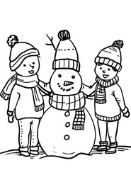 A Family Building a Snowman Together. Christmas Snowman Coloring Page