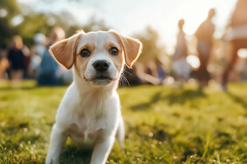 Playful puppy on a sunny day in the park, lying on the grass with curious eyes looking at the camera. The scene is bright and full of life with a blurred background of people enjoying the outdoors.