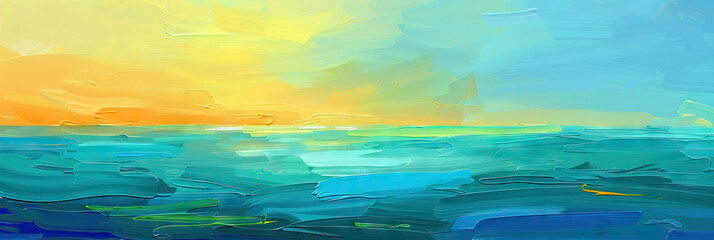 Sun-Kissed Seascape: A soothing blue and green seascape with hints of yellow and orange, creating a peaceful and rejuvenating atmosphere for meditation and wellness.