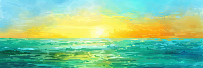 Sun-Kissed Seascape: A soothing blue and green seascape with hints of yellow and orange, creating a peaceful and rejuvenating atmosphere for meditation and wellness.