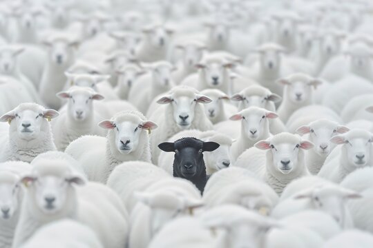 Black Sheep Standing Between White Sheep
