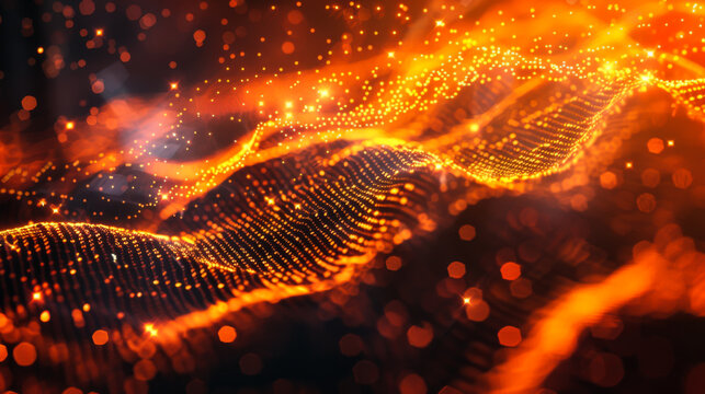 Bright orange wave with many dots. The dots are scattered throughout wave, giving it a very busy and chaotic look. The orange color of the wave creates a warm and energetic mood. Abstract background.