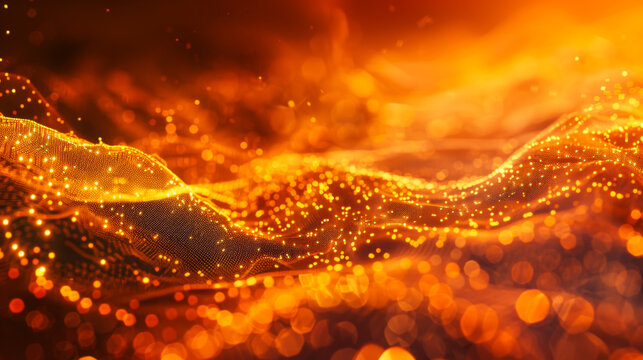 Bright orange wave with many dots. The dots are scattered throughout wave, giving it a very busy and chaotic look. The orange color of the wave creates a warm and energetic mood. Abstract background.