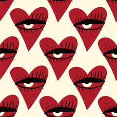 Valentines Day pattern with ugly funky hearts. Groovy cute love characters. Vector illustration in doodle style