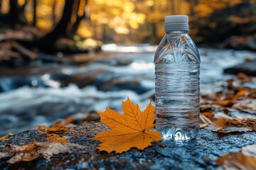 A plastic water bottle sits by a stream in a forest, surrounded by fallen autumn leaves.