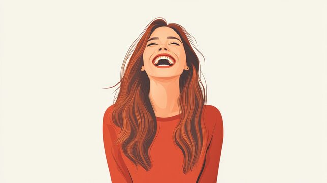 A playful flat vector illustration of a woman laughing out loud, her expression joyful and her pose animated,