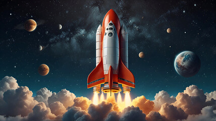3D rocket in space Business startup and business growth concept, 3D rendering. on white background. Ai generative