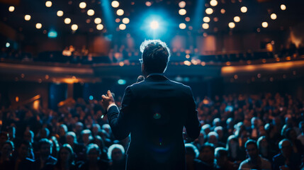 Rear view of a respectable business man giving a keynote speech on stage. Public speaking concept.