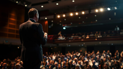 Rear view of a respectable business man giving a keynote speech on stage. Public speaking concept.
