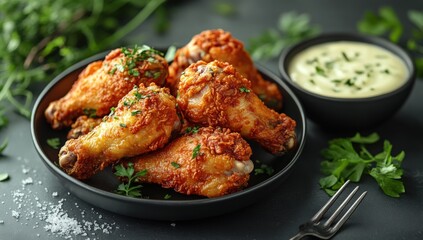 Fototapeta premium Crispy Fried Chicken Wings with Creamy Sauce.