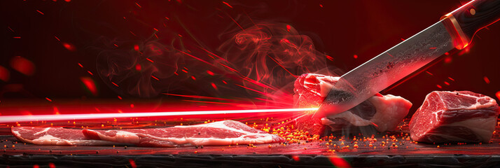 Naklejka premium A butcher's knife, slicing through meat with the help of a red laser guide.