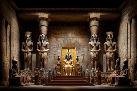 A majestic image of an ancient Pharaoh sitting on a grand throne in a large hall, surrounded by colossal statues and hieroglyphics, depicting the splendor of Egyptian royalty.