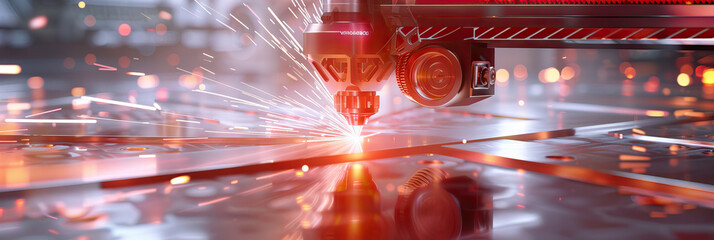 Industrial Innovation: A futuristic laser cutting machine slices through a shiny metal sheet.