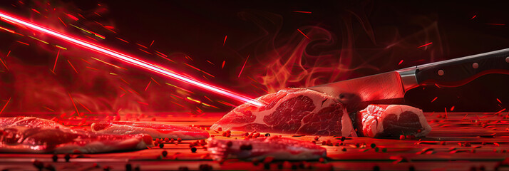 A butcher's knife, slicing through meat with the help of a red laser guide.