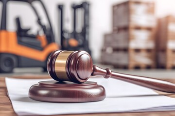 A gavel and document papers with a forklift in the background