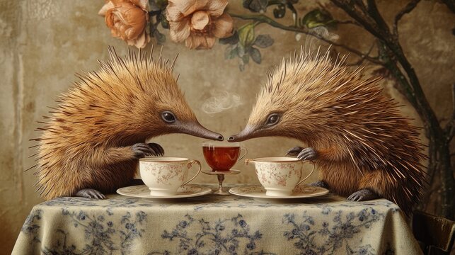 Staged tea-drinking scene featuring two spiny echidnas at a table, sipping tea from elegant tea pairs in a cozy,