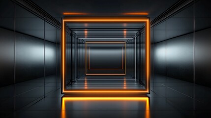 Futuristic Black High-Tech Vault with Glowing Orange LED Lights on Reflective Surface - Intense Contrast Copy Space for Text